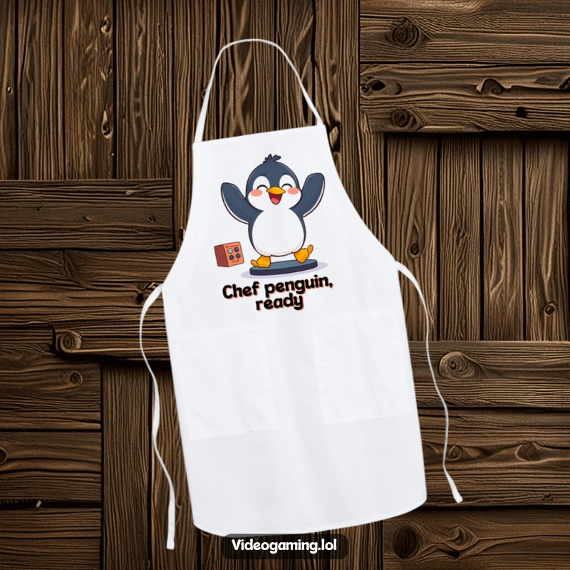 Funny penguin in a chef hat, jumping with glee while holding a game controller, a hilarious apron.