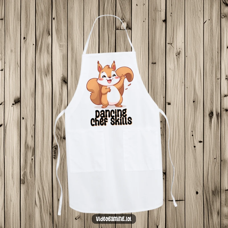 Funny apron showing a happy squirrel doing a victory dance while preparing food. Perfect for cooks.