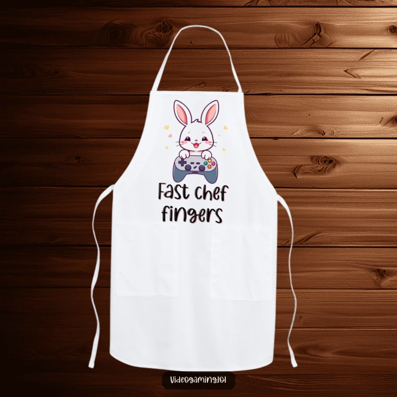 Funny rabbit gamer apron, depicting a cheerful rabbit rapidly tapping game controller buttons while cooking.