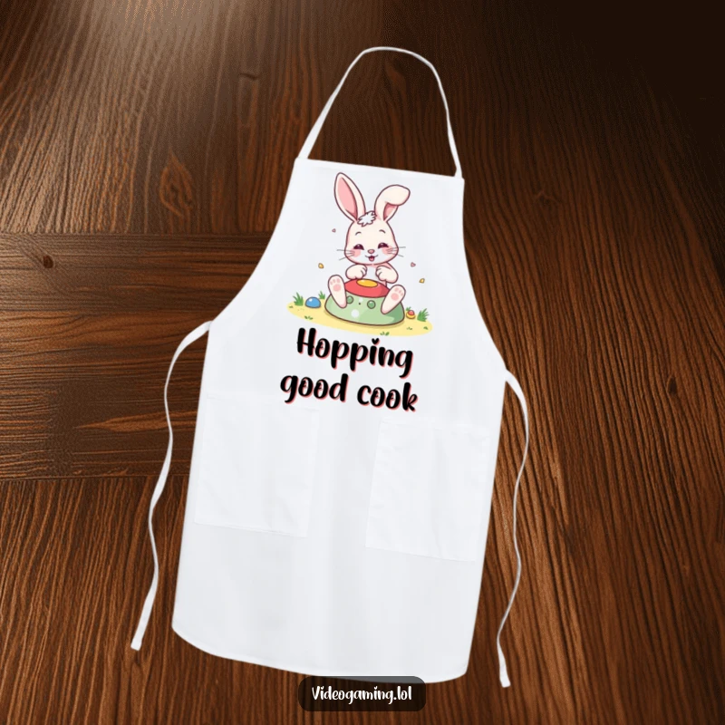 Funny Bouncing Bunny Apron, cooking up a storm while engrossed in a colorful game, ideal for a humorous kitchen.