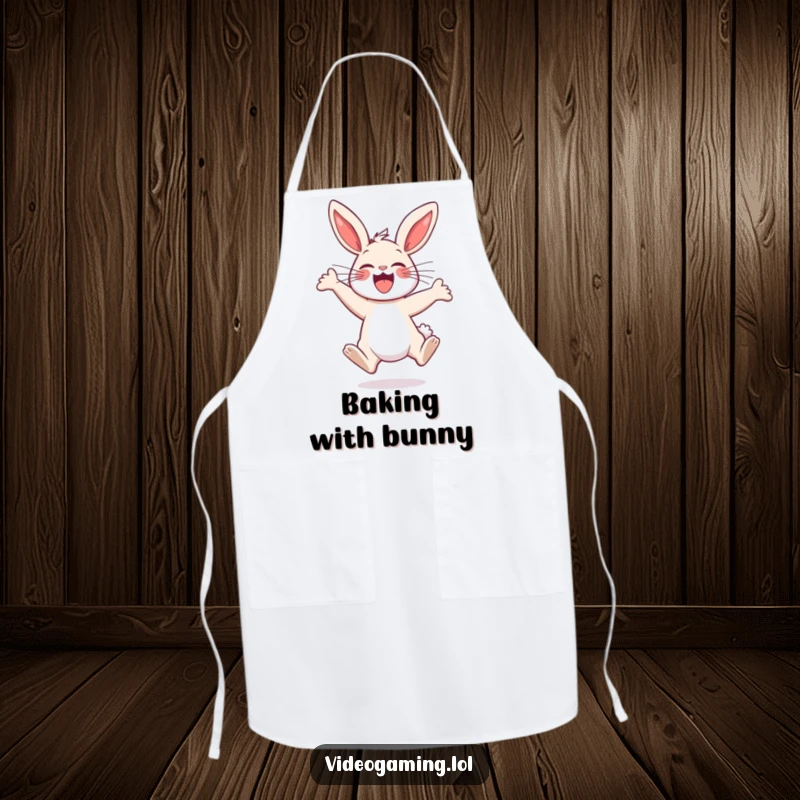 Funny Bunny Excitement Apron: A happy bunny jumps with excitement, ready to add a touch of fun to cooking.