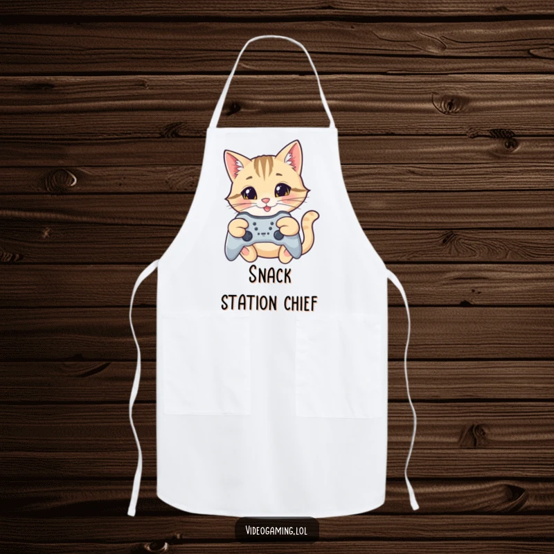 Funny cat gamer apron, a focused cat with a smile aiming a game controller, ready to tackle kitchen challenges.