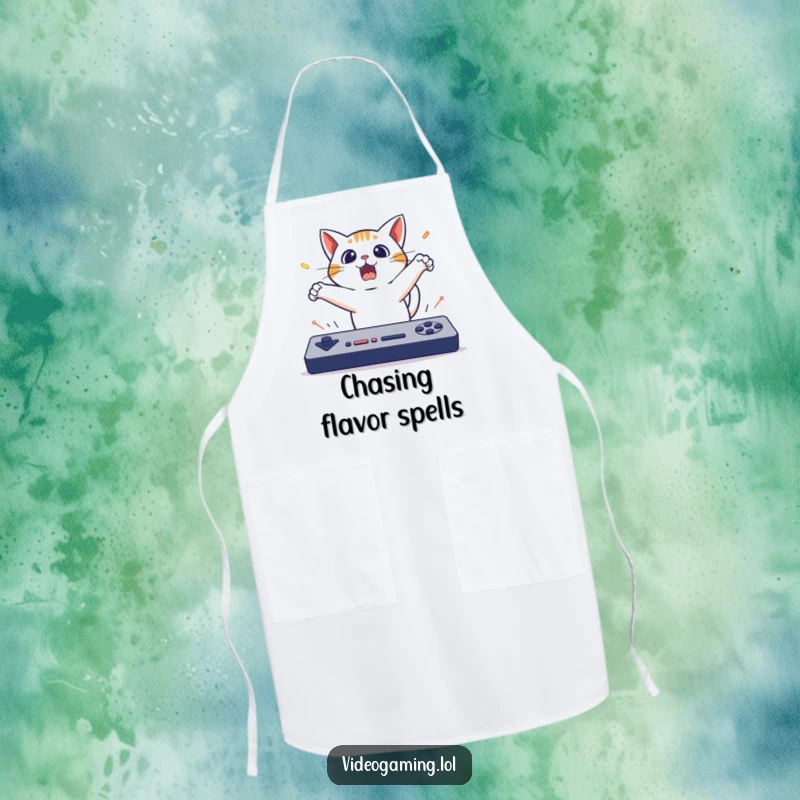 Funny Cat Gaming Apron: A surprised cat leaps backward from a fast game, adding a humorous and protective touch while cooking.