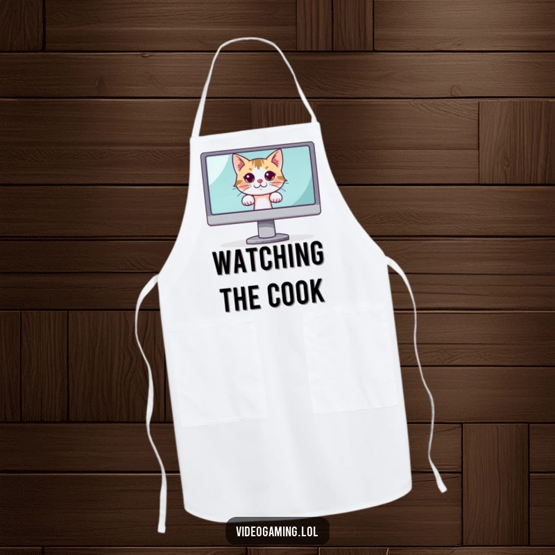 Funny apron with a curious cat peeking from behind a large monitor, perfect for humorous and intriguing cooking.