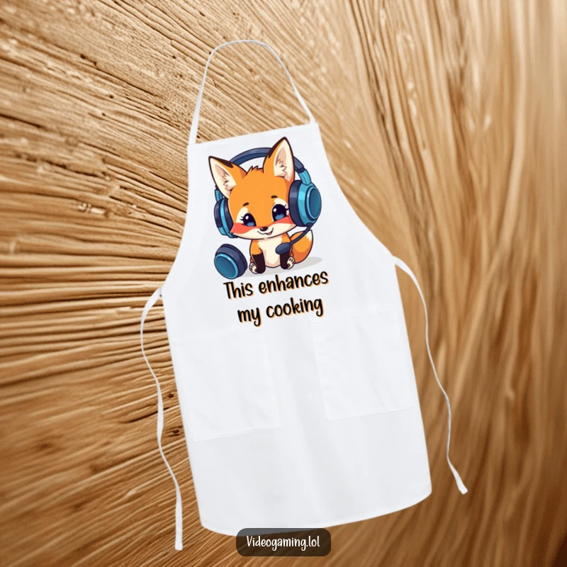 Funny kitchen apron featuring a curious fox smiling and examining a gaming headset, great for a humorous gamer chef.
