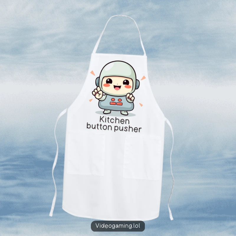 Funny Gamer Apron: A smiling character ready to cook, with rapid button presses indicating intense kitchen focus and fun.