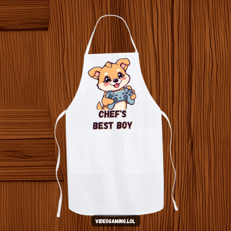 Funny apron with a happy dog holding a controller, perfect for adding humor to kitchen breaks and cooking.
