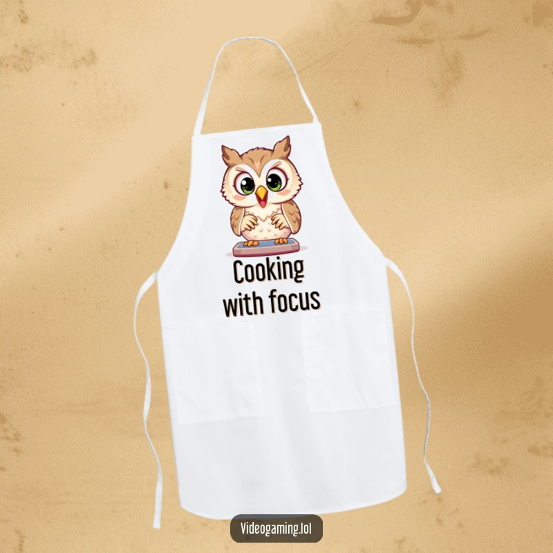Funny Owl Apron: A joyful owl plays a game with wide, focused eyes, ready to assist in the kitchen with concentration.