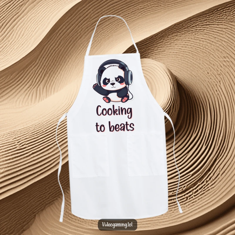 Funny apron showing a determined panda wearing large headphones, focused intently on cooking or baking tasks.