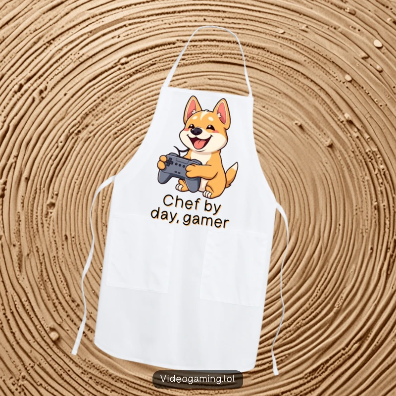 Funny dog apron showing a playful dog grinning widely while holding a video game controller, kitchen accessory.