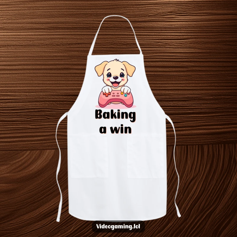 Funny Puppy Gaming Apron: A delighted puppy mashes game controller buttons, adding a humorous and protective touch while cooking.