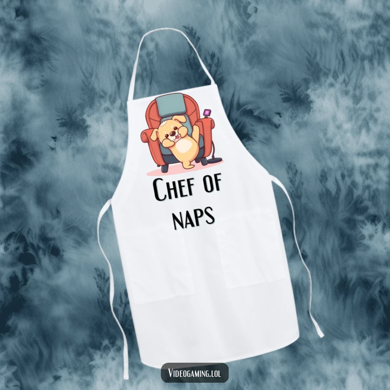 Funny puppy apron featuring a playful dog tumbling backward out of a gaming chair, perfect for kitchen fun.