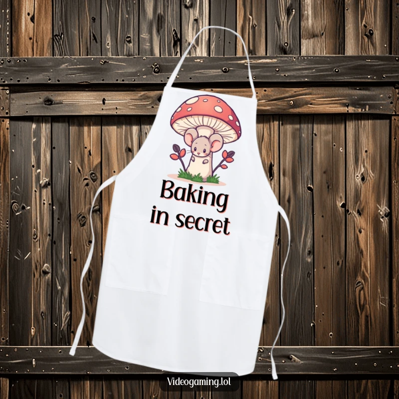 Funny apron with a shy mouse character peeking from behind a giant pixelated mushroom, looking bashful.