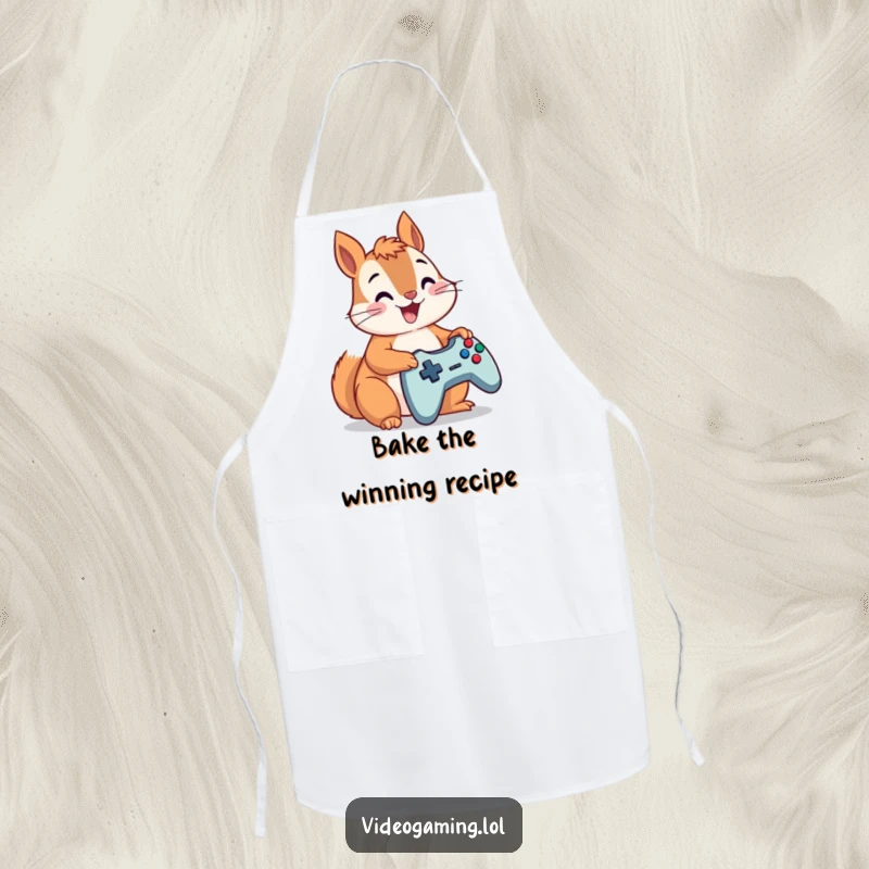 Funny squirrel in an apron, furiously mashing controller buttons, ready for kitchen battles, a hilarious accessory.