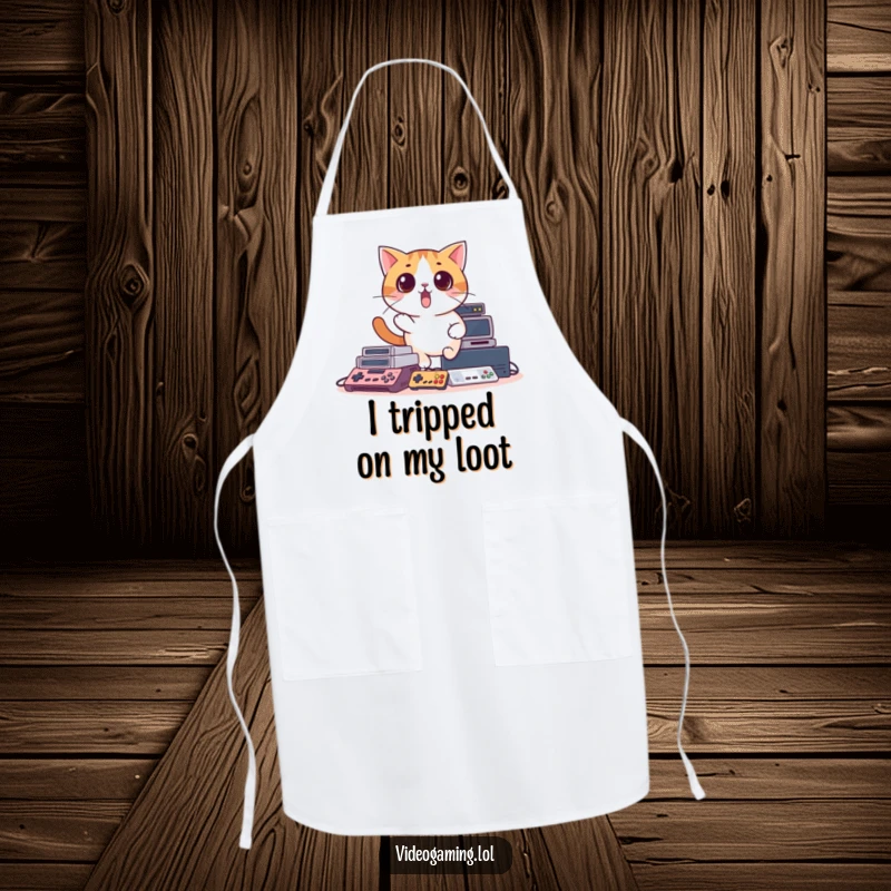 Funny apron with a surprised cat comically overwhelmed by video game consoles, perfect for a humorous gamer chef.