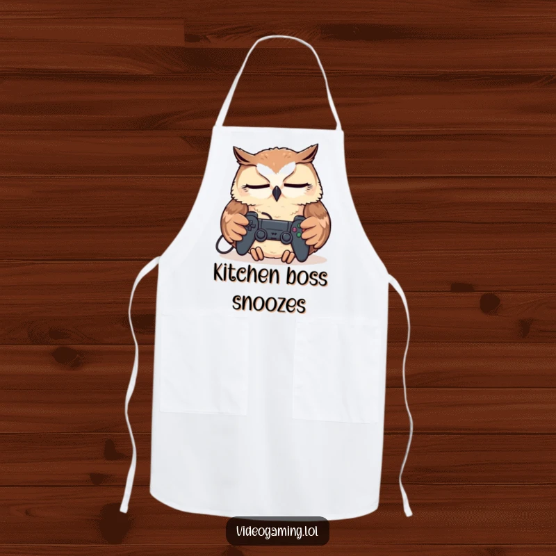 Funny Tired Owl Apron, napping with a controller, perfect for a humorous and functional kitchen accessory.