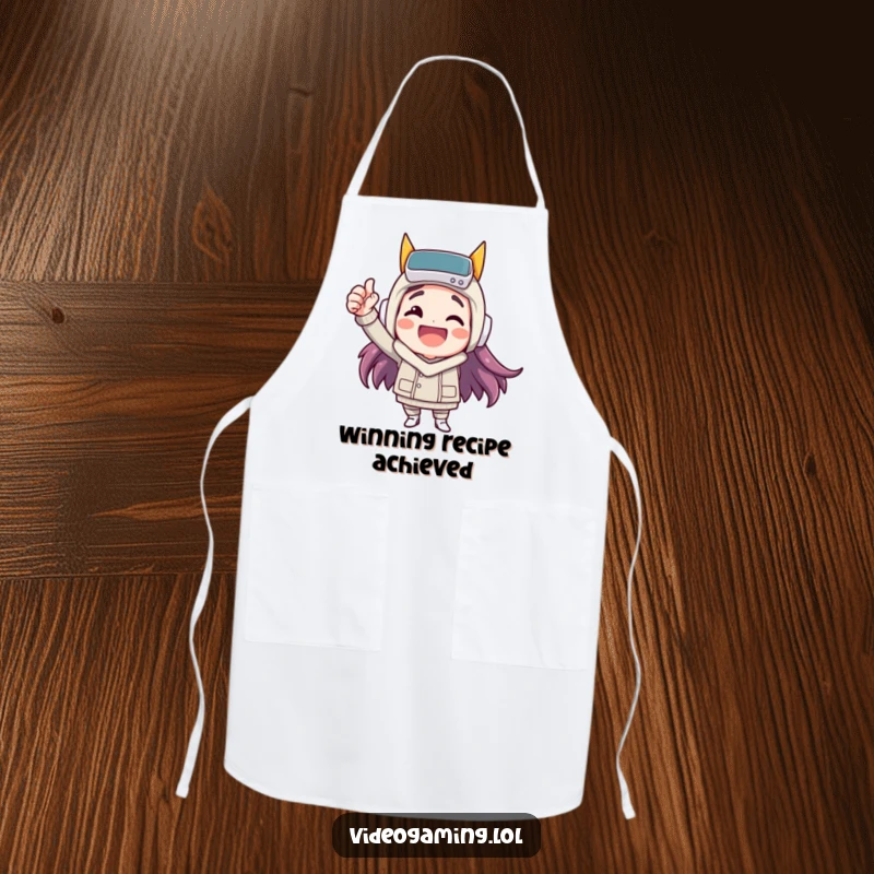 Funny apron showing a happy character celebrating a virtual victory with a fist pump, a humorous kitchen accessory for chefs.
