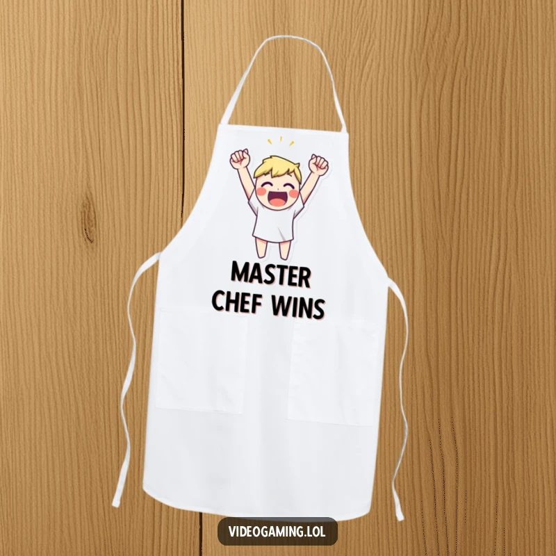 Funny happy character celebrating a victory with arms raised high while wearing a humorous apron.