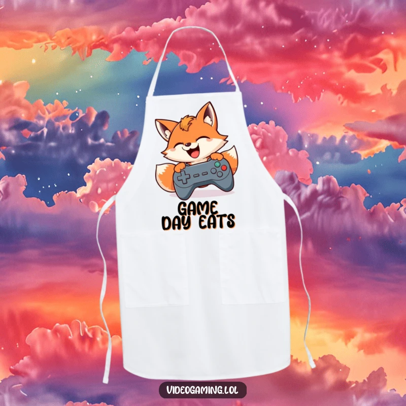 Funny apron showing a smiling fox frantically mashing game controller buttons, ideal for kitchen battles with humorous flair.