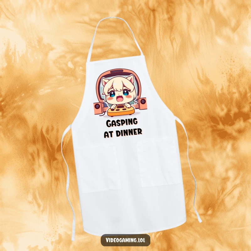 Funny Gamer Apron: A delighted character with a shocked expression, ready to cook up a storm with humorous intensity.
