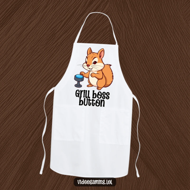 Funny apron featuring a determined squirrel furiously mashing virtual buttons while gaming, a cartoon character adding gamer fun to kitchen tasks.