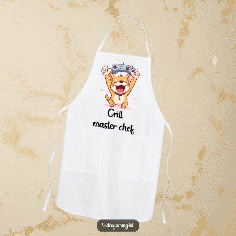 Funny happy dog holding a game controller aloft, depicted on a humorous apron for a fun and victorious cooking experience.