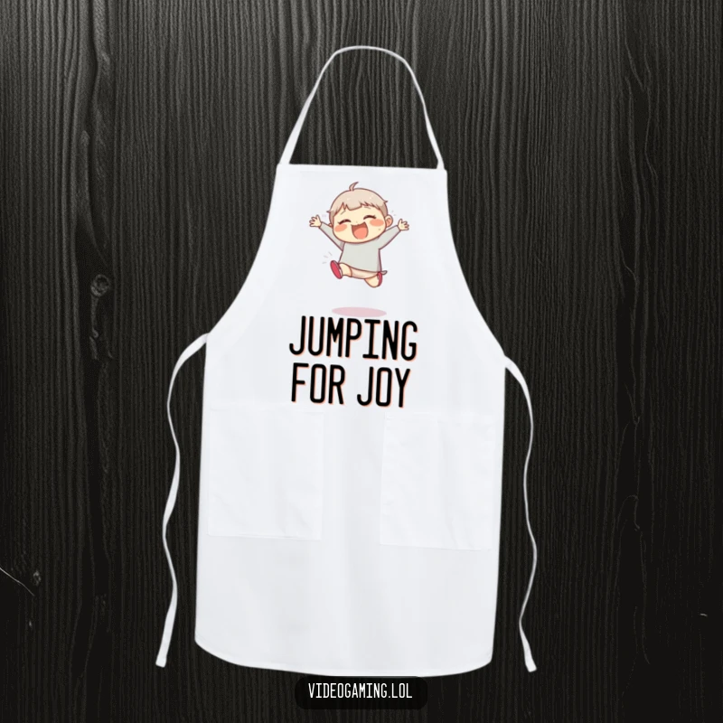Funny apron illustrating a giggling character mid-clumsy jump, perhaps spilling something comically while cooking.