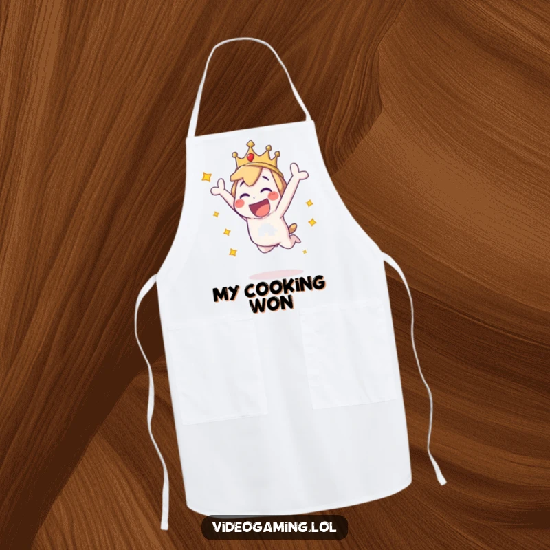 Funny apron featuring a playful character leaping with excitement, celebrating a culinary victory in the kitchen with flair.