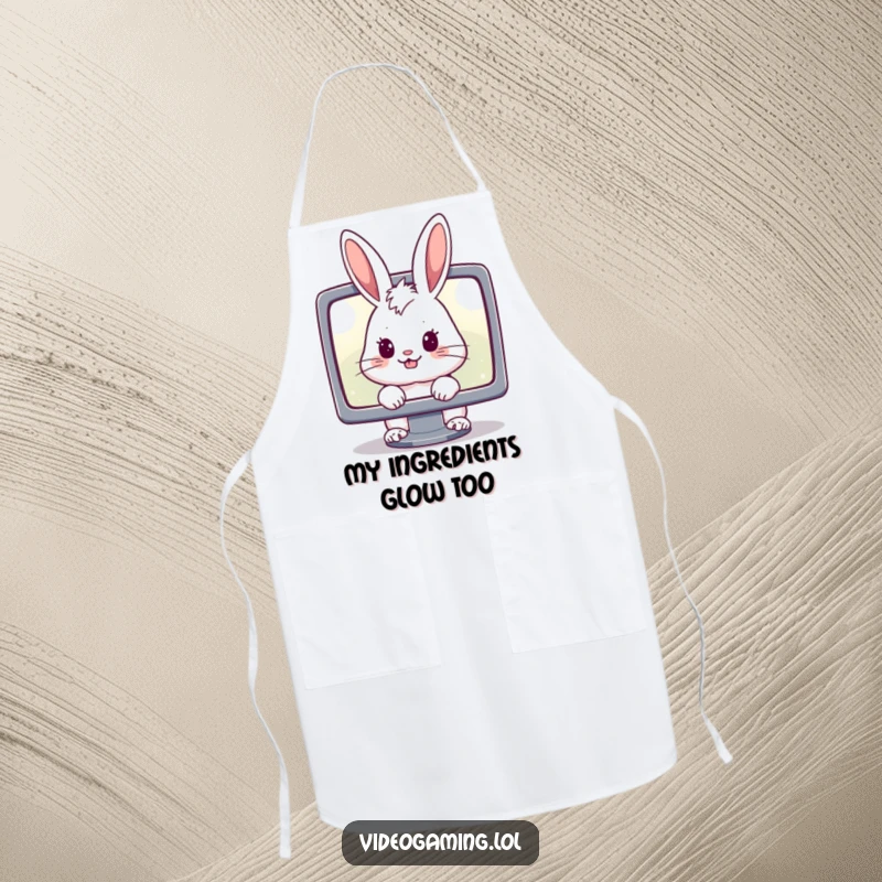 Funny kitchen apron featuring a cheerful rabbit staring intently at a glowing monitor, great for a humorous gamer chef.