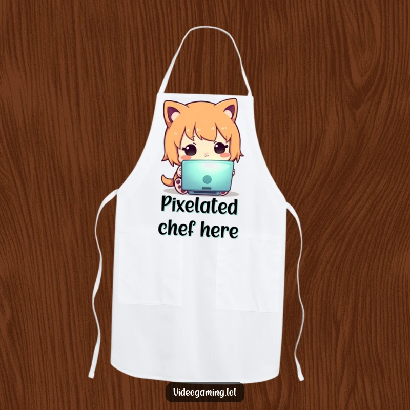 Funny apron showing a curious character focused on a screen while cooking, a humorous kitchen accessory for multitasking chefs.