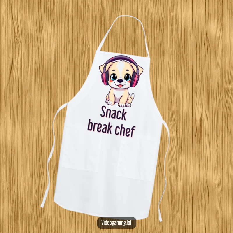 Funny Apron: A playful puppy wears oversized gaming headphones, bringing gamer humor to the kitchen.