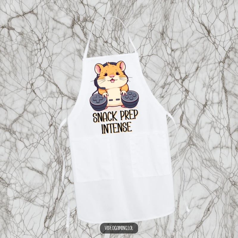 Funny Hamster Gamer Apron: A determined hamster wearing a headset furiously mashes controller buttons, ready for kitchen quests.