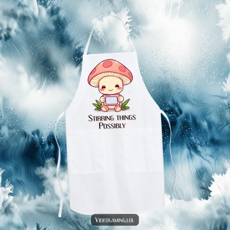 Funny Mushroom Gamer Apron: A cheerful mushroom engrossed in a handheld game, ready for culinary quests.