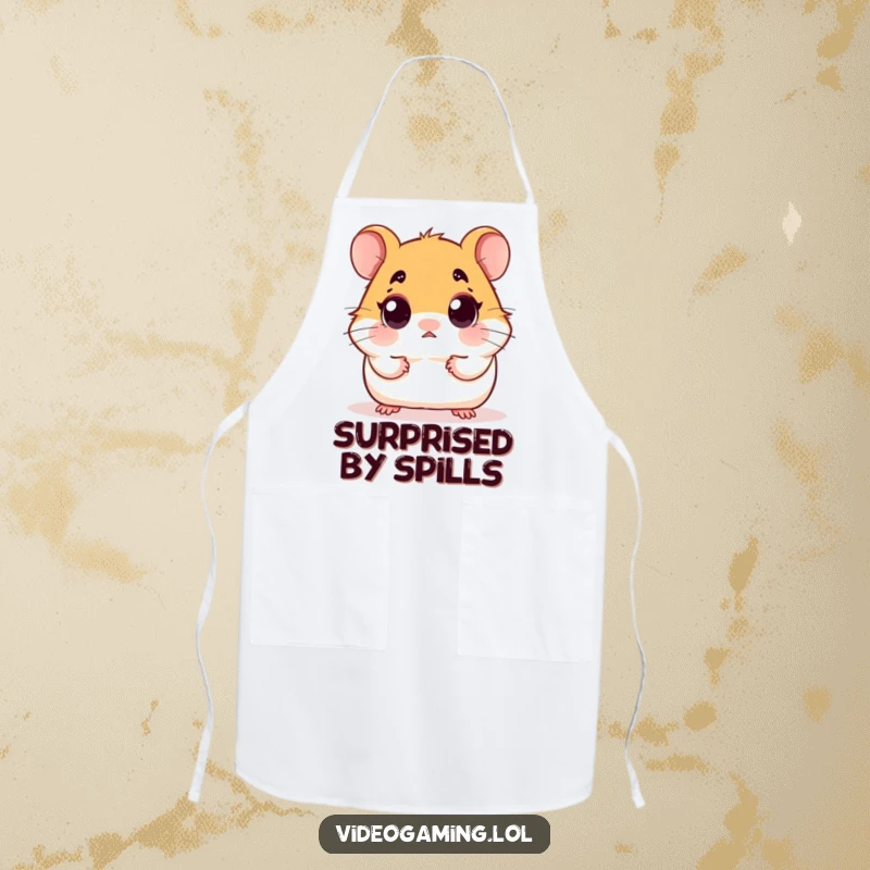 Funny apron showing a small hamster with wide, shocked eyes staring at something off-panel, perhaps a recipe.