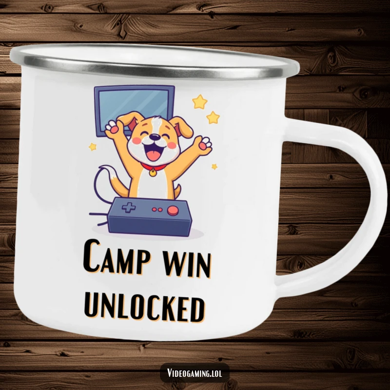 Funny dog gamer camping mug, celebrating a video game win, perfect for adventurers and gamers.