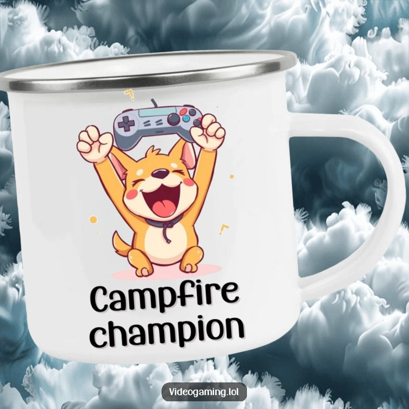 Funny happy dog holding a game controller aloft in victory on a durable camping mug for humorous outdoor enjoyment.