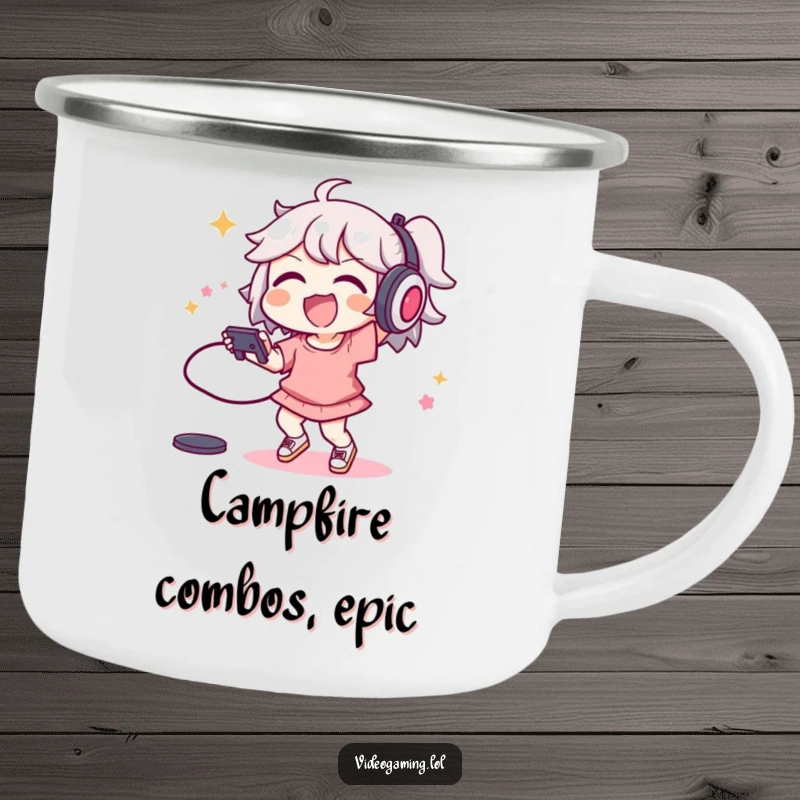 Funny camping mug with a joyful character performing an energetic dance move while holding a video game controller.