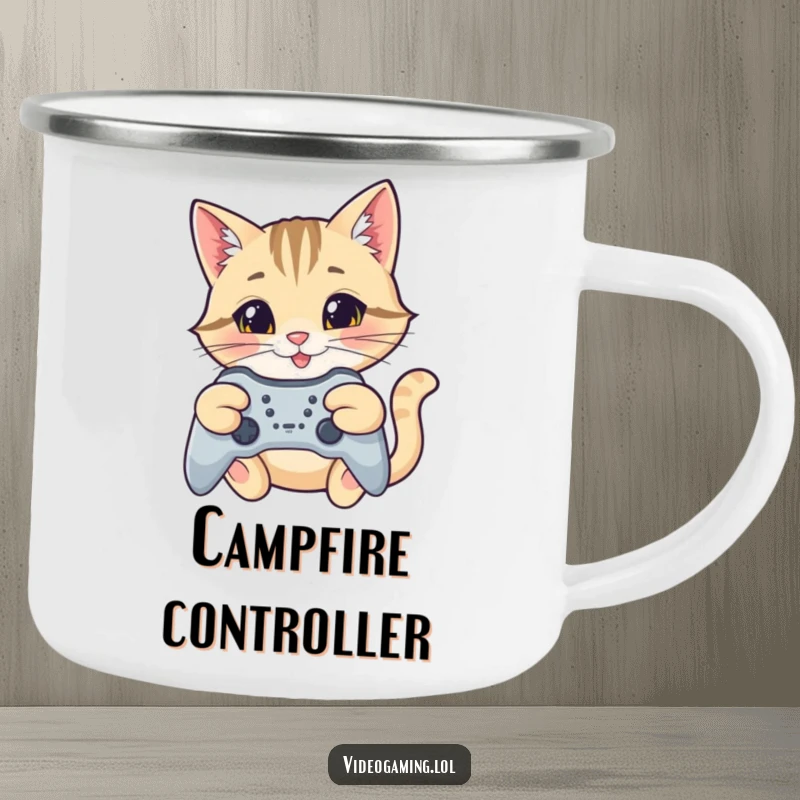 Funny cat gamer camping mug, a focused cat with a smile aiming a game controller, ready for any adventure.