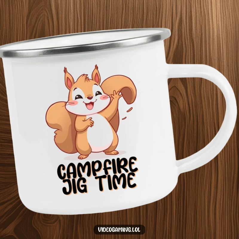 Funny camping mug with a happy squirrel doing a victory dance in a forest setting. Durable and fun for camping.