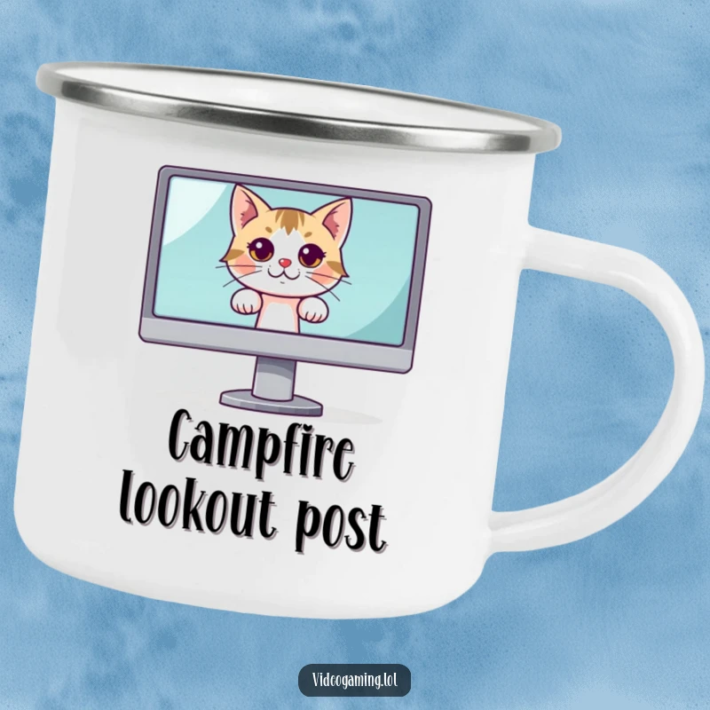 Funny camping mug with a curious cat peeking from behind a large monitor, ideal for outdoor humor and tech enthusiasts.