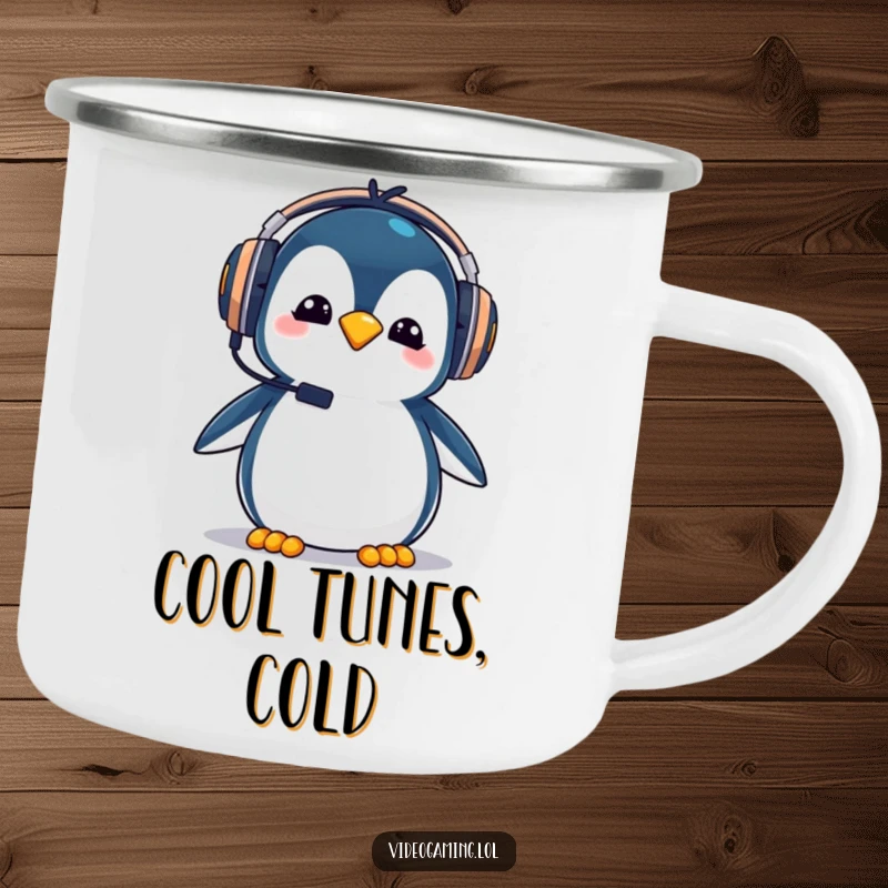 Funny penguin gamer camping mug, wearing oversized gaming headphones with a goofy expression, for outdoor fun.