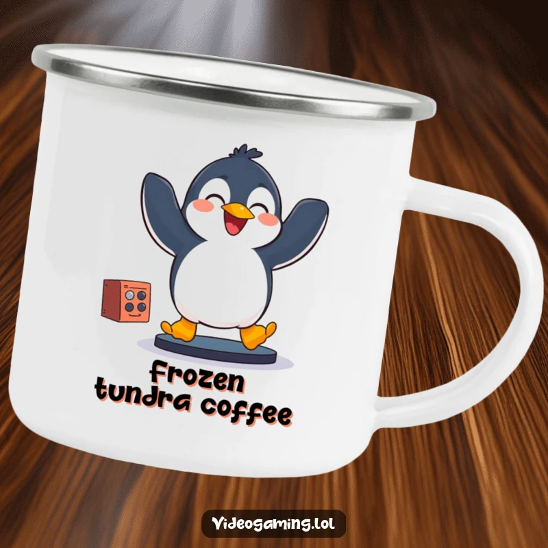 Funny penguin jumping with glee while holding a game controller, on a sturdy camping mug for hilarious sips.
