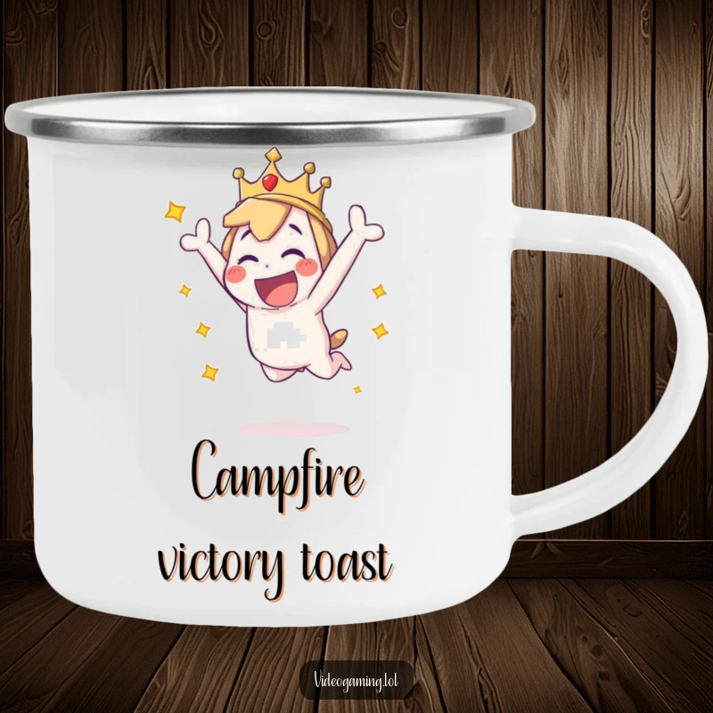 Funny camping mug showing a playful character mid-leap, celebrating the joy of outdoor adventures and winning moments.