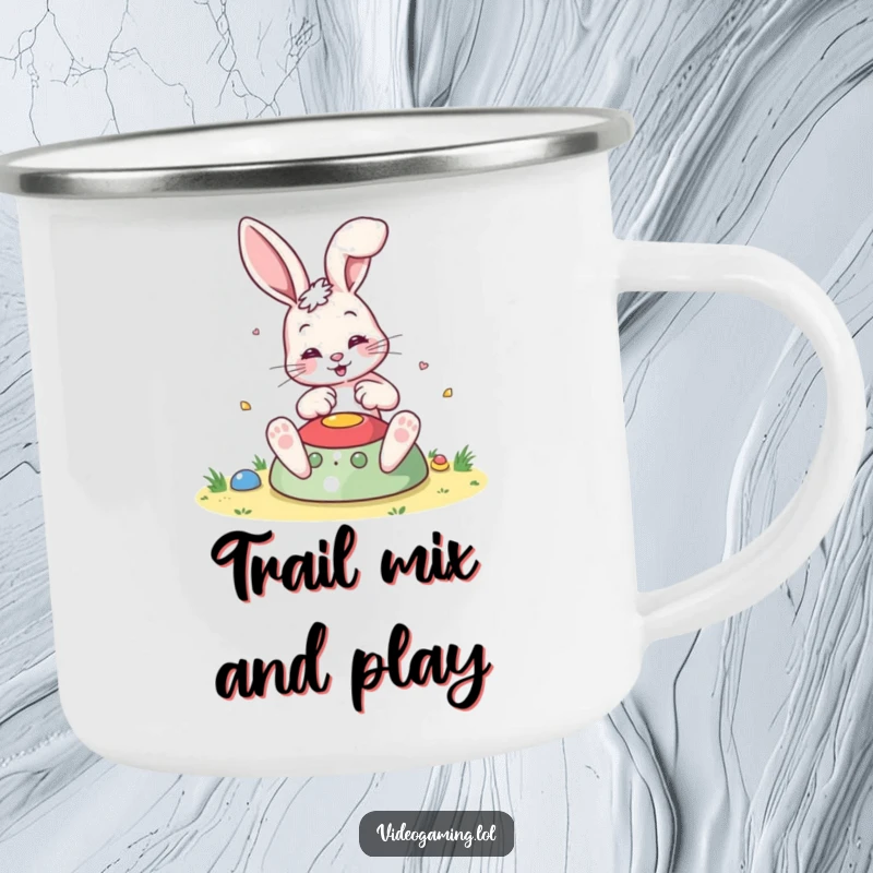 Funny Bouncing Bunny Camping Mug, engaged in a colorful game while outdoors, perfect for rugged, humorous adventures.
