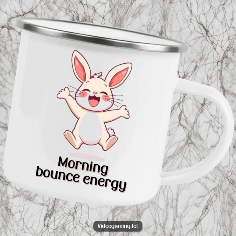 Funny Bunny Excitement Camping Mug: A joyful bunny leaps with excitement, perfect for enjoying drinks outdoors.