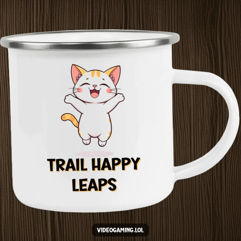 Funny camping mug featuring a cheerful cat jumping with excitement, ideal for outdoor adventures and warm drinks.