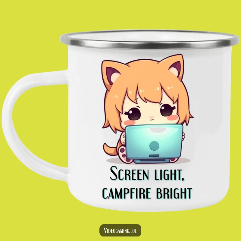 Funny Curious Character Camping Mug: Screen Glow Outdoors, Hilarious Adventure Gift!