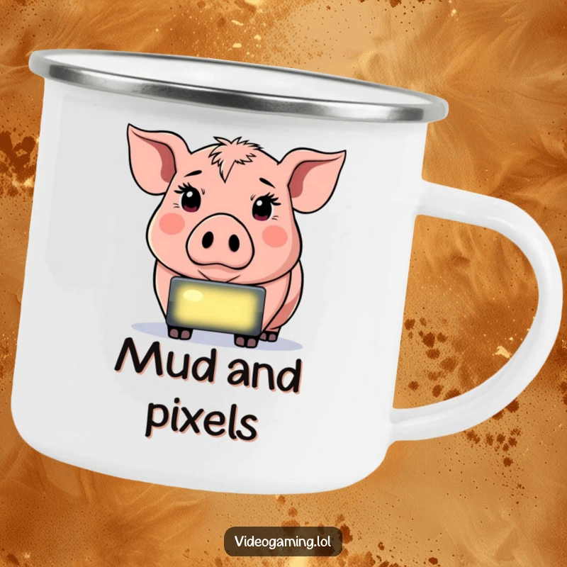 Funny Determined Pig Camping Mug, staring intently at a glowing screen, a durable and humorous outdoor companion.
