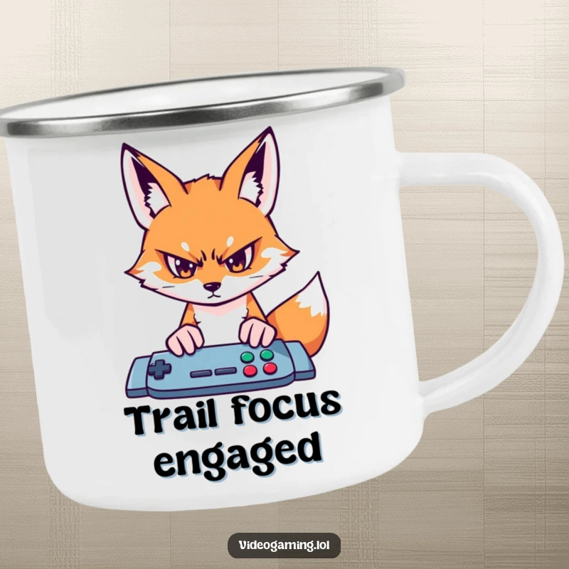 Funny fox gamer camping mug, depicting intense concentration on a game screen, for outdoor gaming.