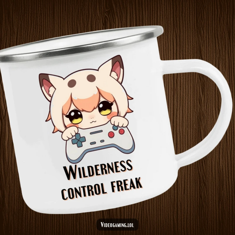 Funny camping mug with a curious character intensely focused on holding a game controller, built for the outdoors.